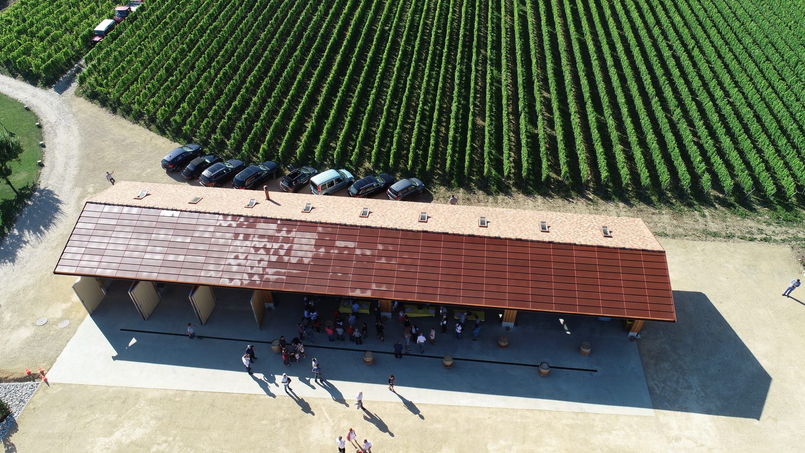 Vue aérienne d'un bâtiment du domaine au toit couvert de panneaux solaires, au milieu des vignes