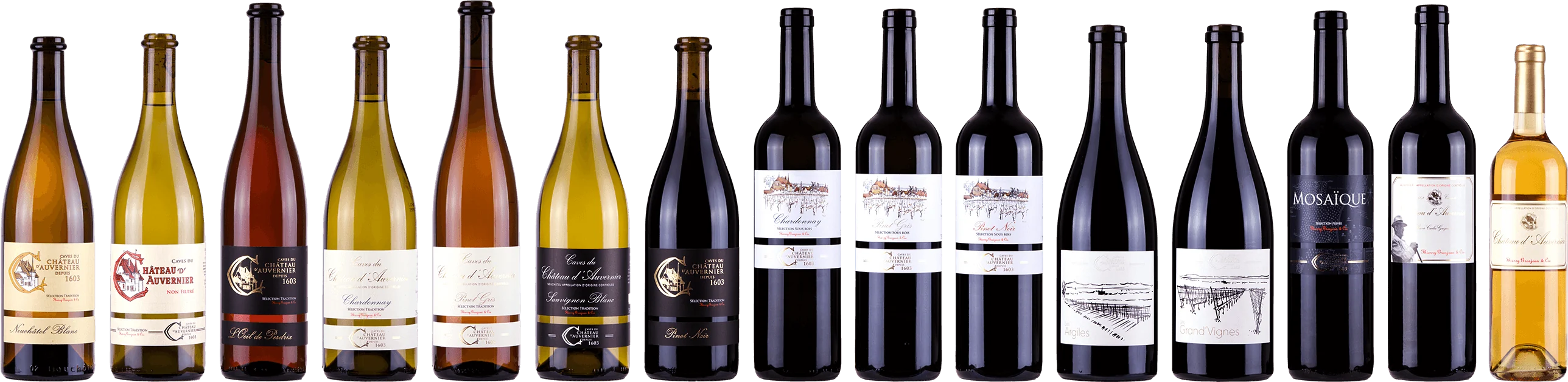 La gamme des vins du Château d'Auvernier, des blancs au liquoreux