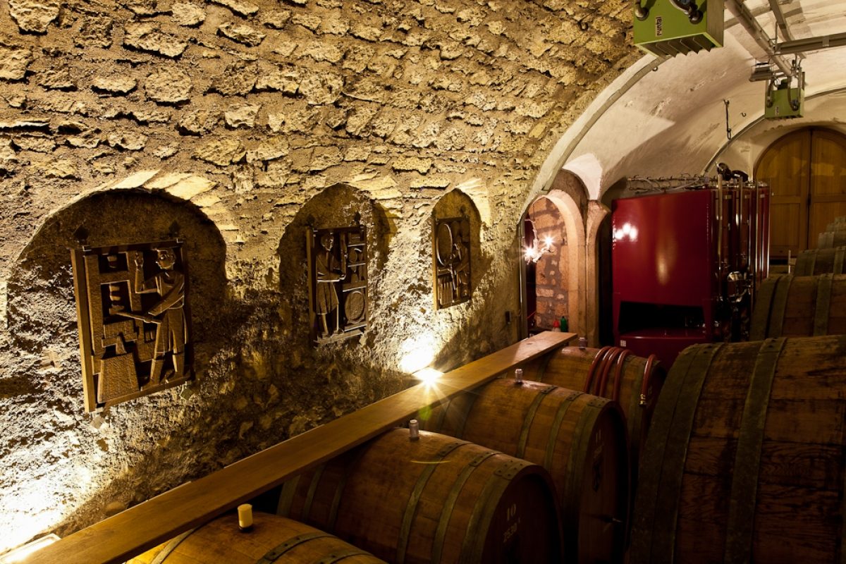 Une cave voûtée en pierre du château, avec ses fûts